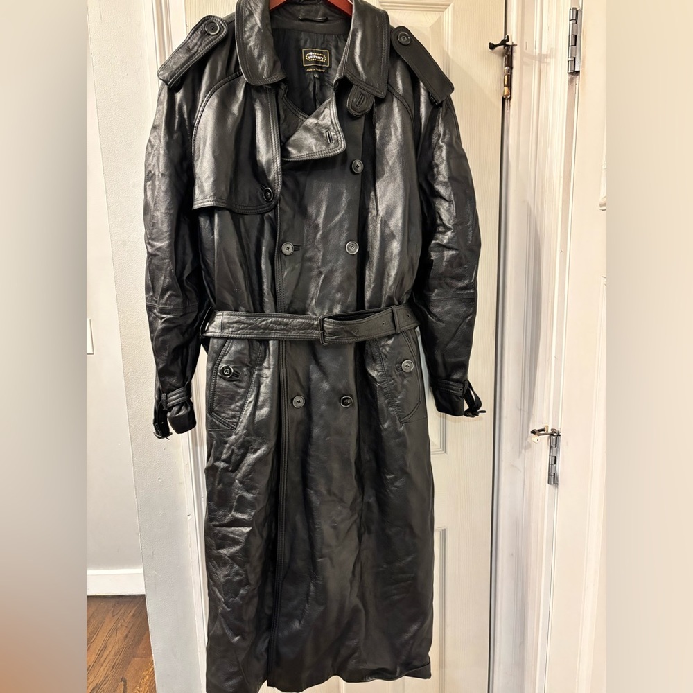 Men's Black genuine Leather Trench Coat size 44 - Picture 3 of 7